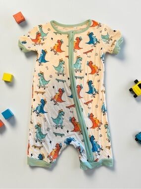 Kids Short Sleeve One-Piece Bamboo Romper in Mint Trim Dino Skate 12-18 Months
